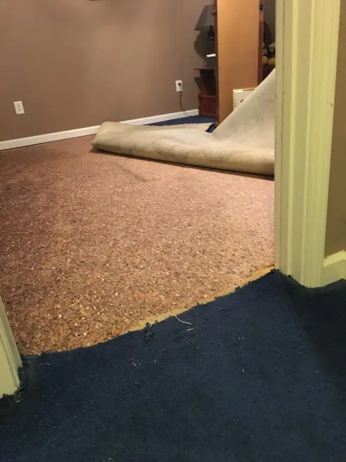 Carpet pad removal revealing water damage during Drying & Dehumidification in Morris Plains